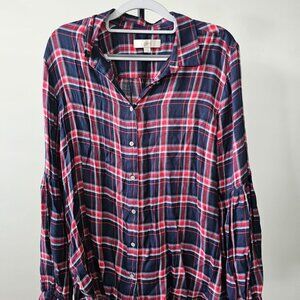 LOFT. Long-sleeved shirt. Size L. Color:  features a red, white, and navy blue